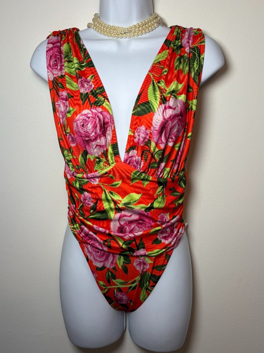 Zara Draped Floral Bodysuit Women Small Blood Orange Pink Green V Neck Tropical